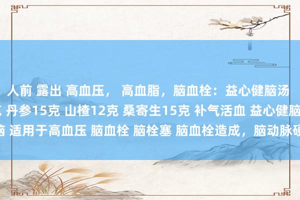 人前 露出 高血压， 高血脂，脑血栓：益心健脑汤 黄芪30克 葛根15克 丹参15克 山楂12克 桑寄生15克 补气活血 益心健脑 适用于高血压 脑血栓 脑栓塞 脑血栓造成，脑动脉硬化以及心律失常，高血脂等